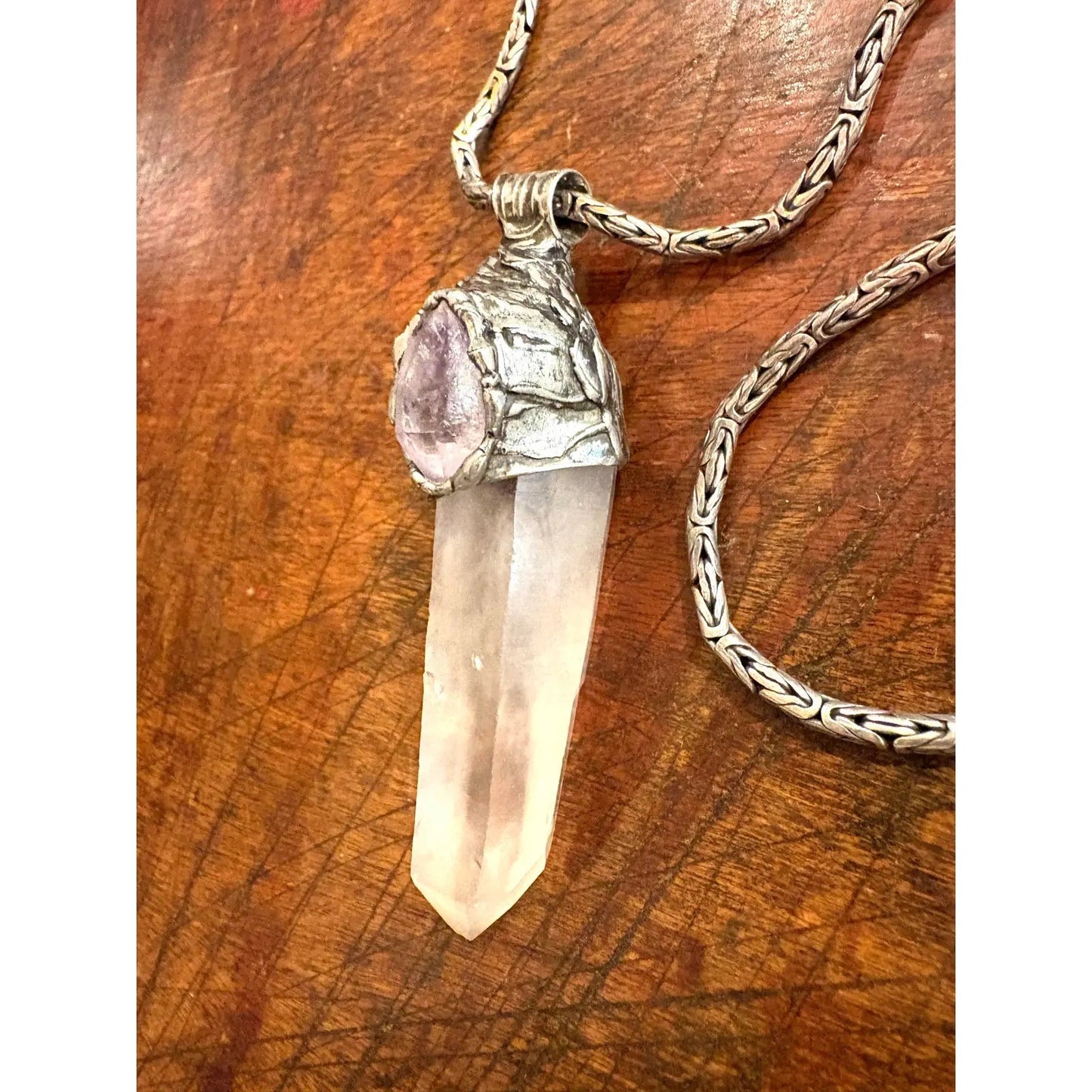 Sterling Silver Vintage Quartz and Amethyst Pendant Necklace