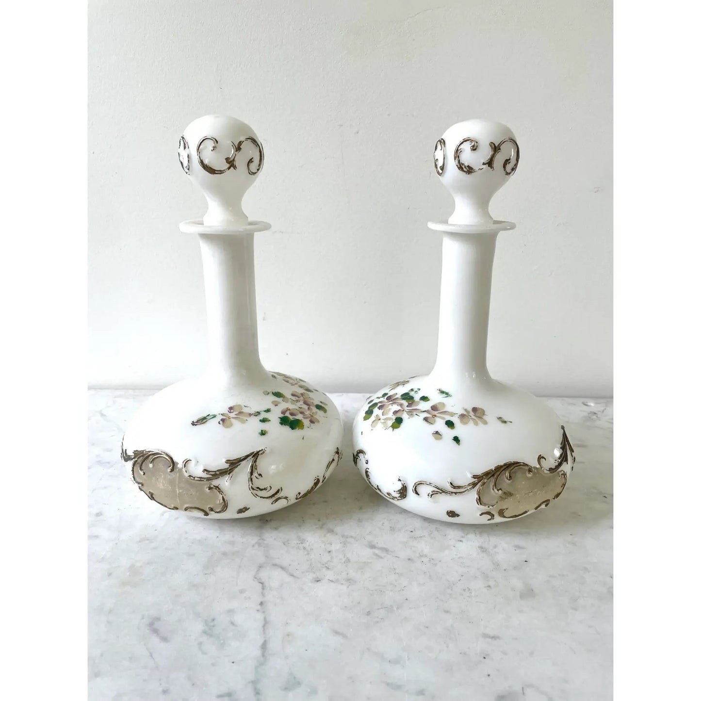Pair of Victorian Milk Glass Decanters With Painted Flowers Design