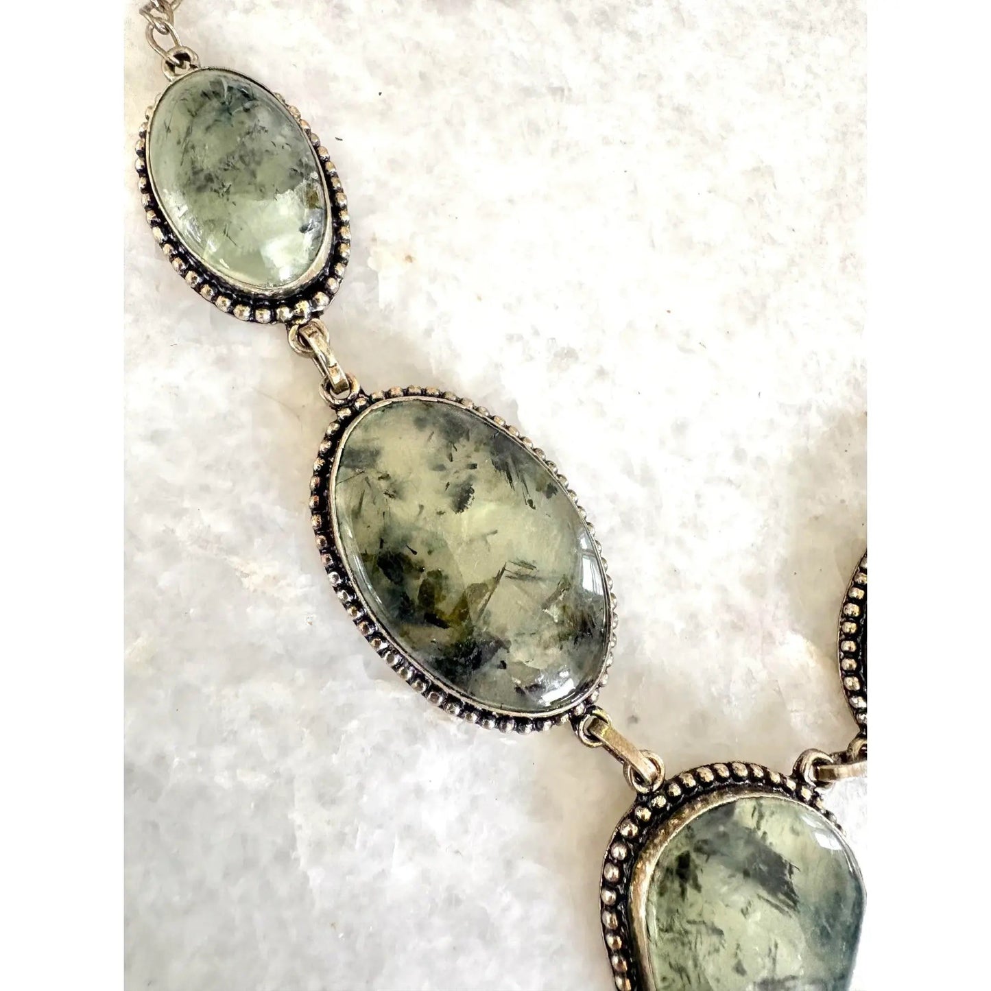 Vintage 1990s Prehnite and Sterling Silver Bib Necklace