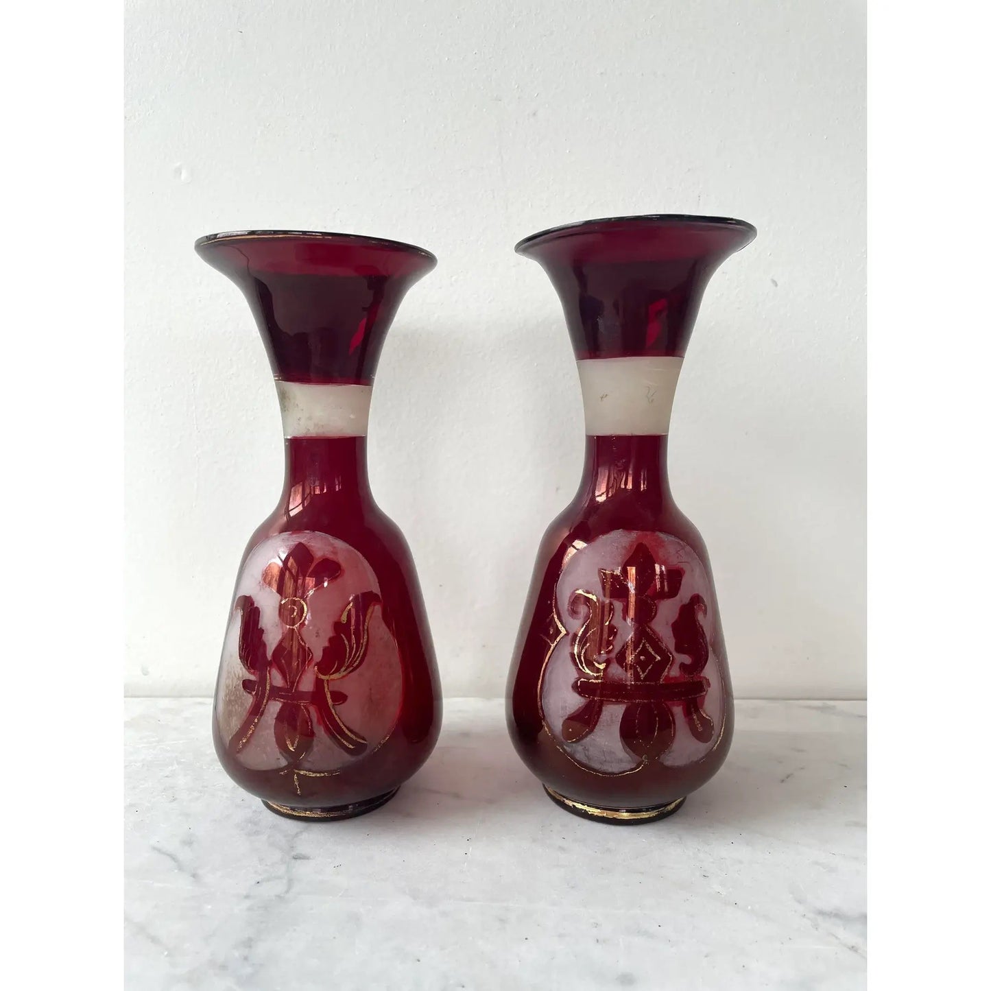 Vintage Bohemian Hand Blown Frosted Glass Vases - Pair