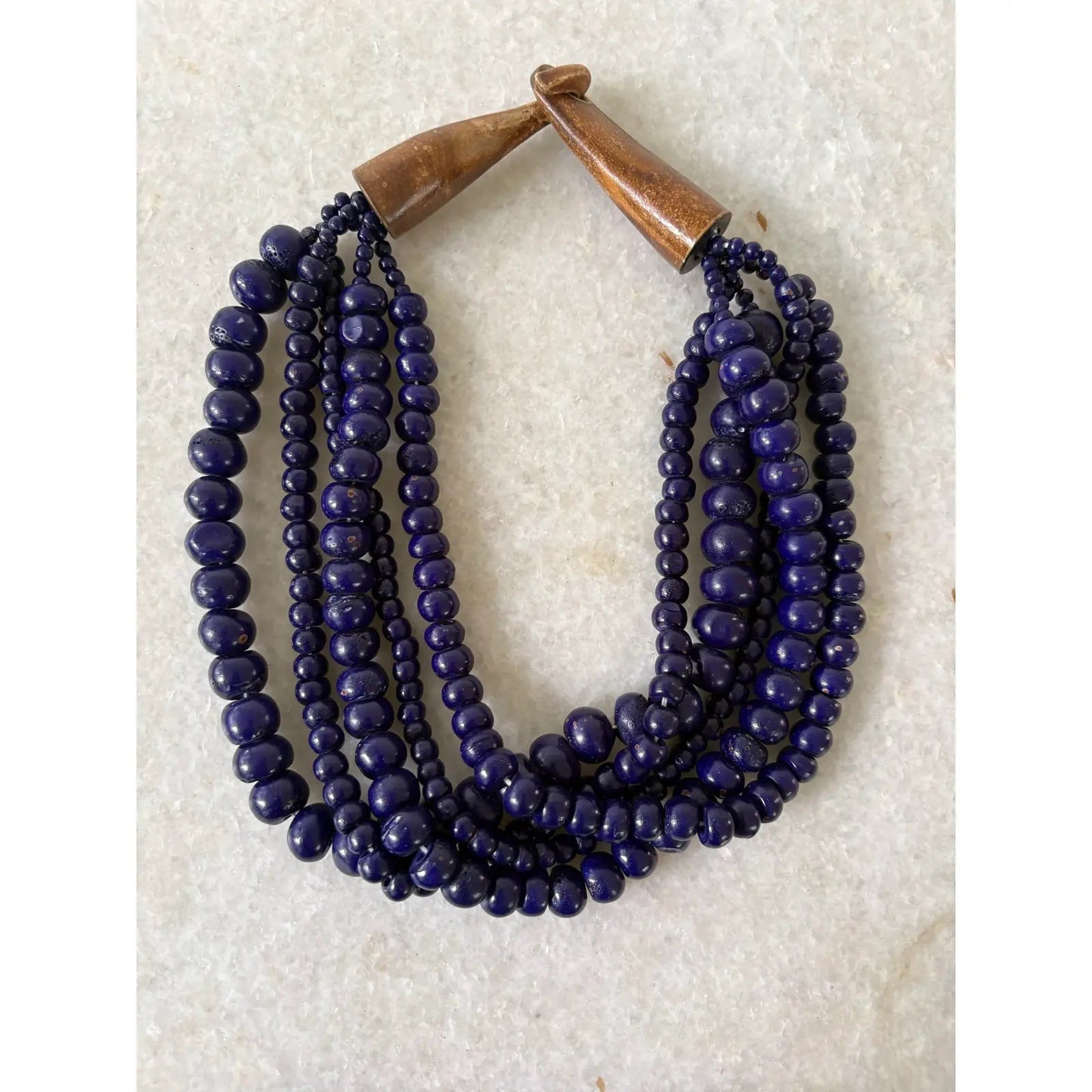 Finch, Cobalt, Blue Glass, Multi Strand, Beaded Necklace, Wood Carved Clasp