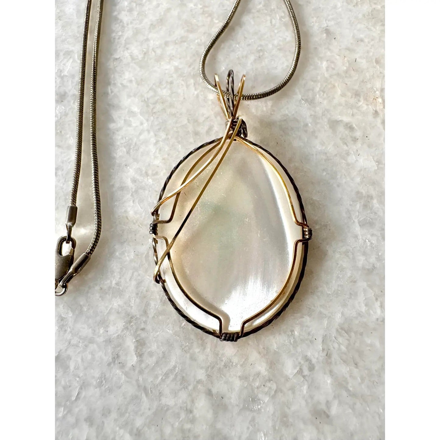 Sterling Silver and Gold Wire Over Mother of Pearl Pendant Necklace