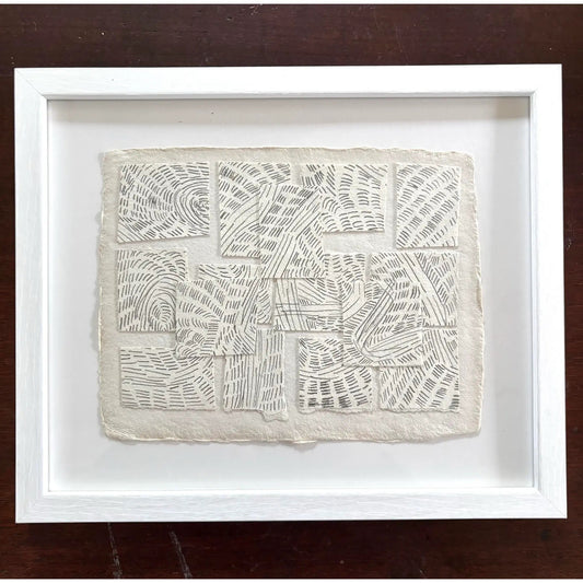 Barbara Beck Graphite on Paper, Cut Paper Collage in White Frame