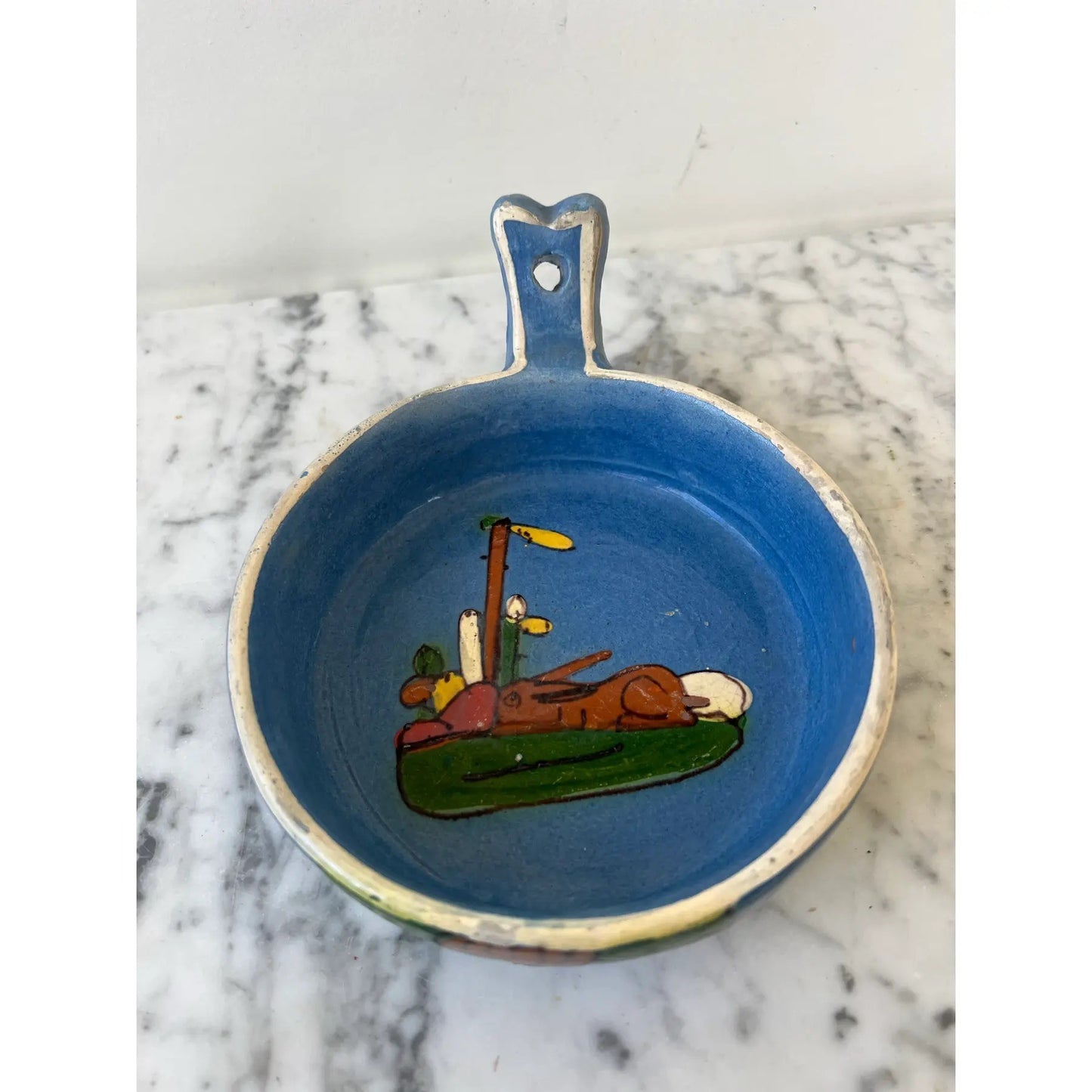 Animal Design Painted and Glazed Terra Cotta Blue Dish With Handle