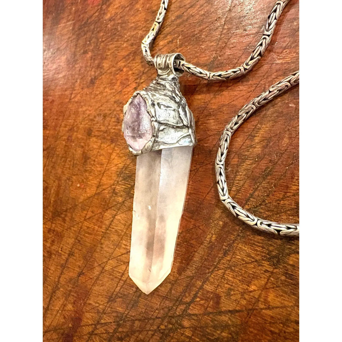 Sterling Silver Vintage Quartz and Amethyst Pendant Necklace