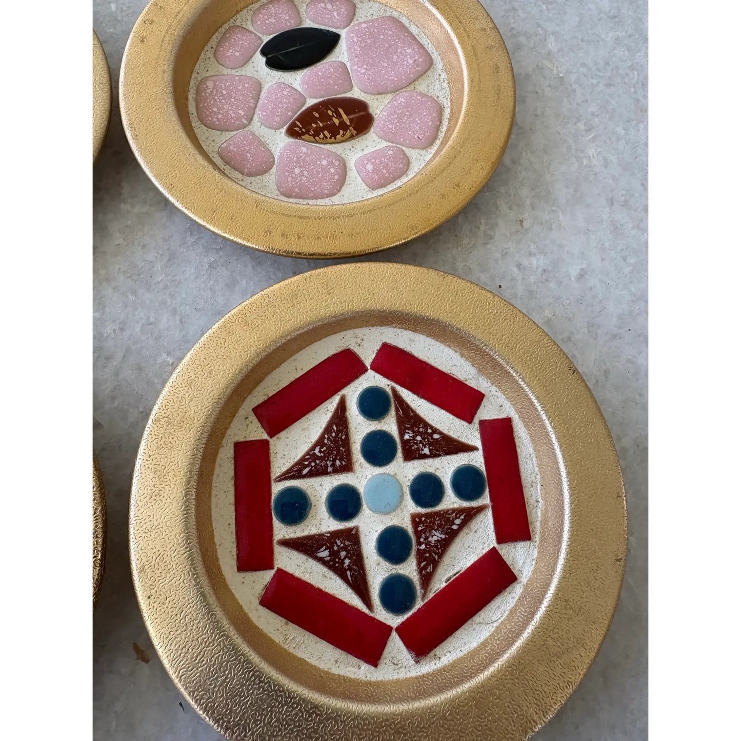 1950s Mid-Century Modern Mosaic, Tile, Coasters, and Gold Medal Base Set of 4