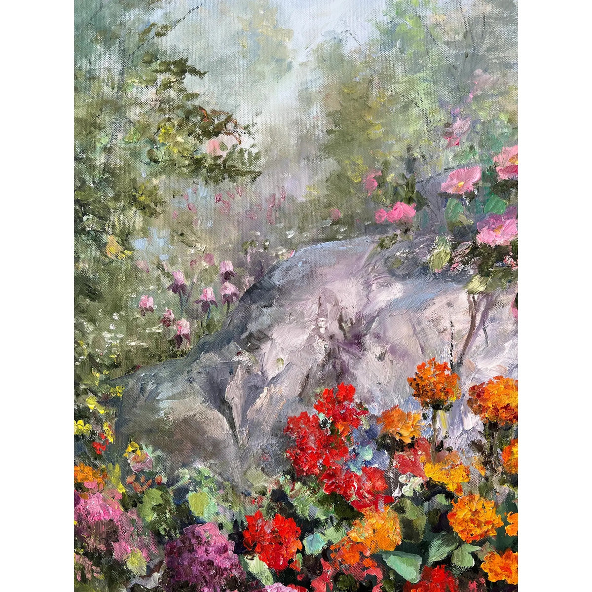 Floral Rock by Dorothy Fanizzi, 20th Century Oil Painting on Canvas, Framed