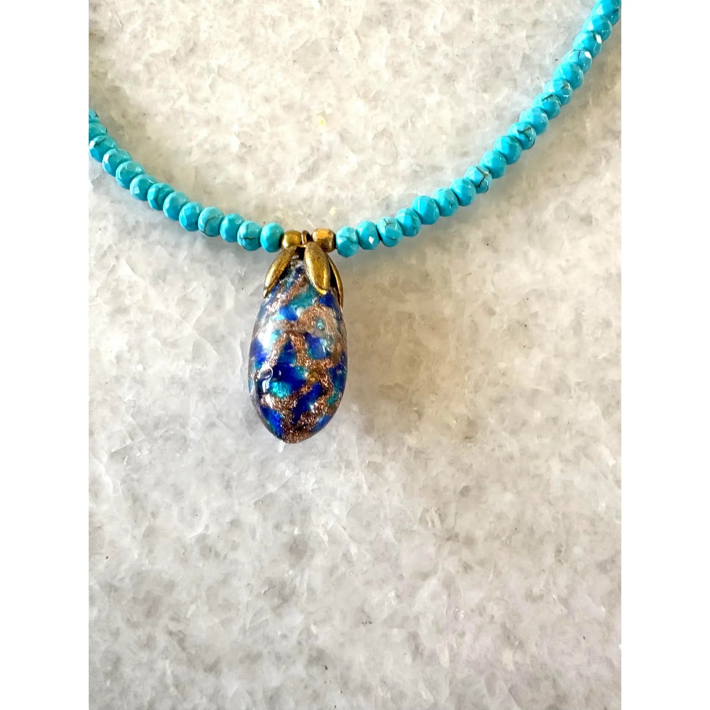 Turquoise Beaded Necklace With Vintage Hand Made Glass Chinese Pendant