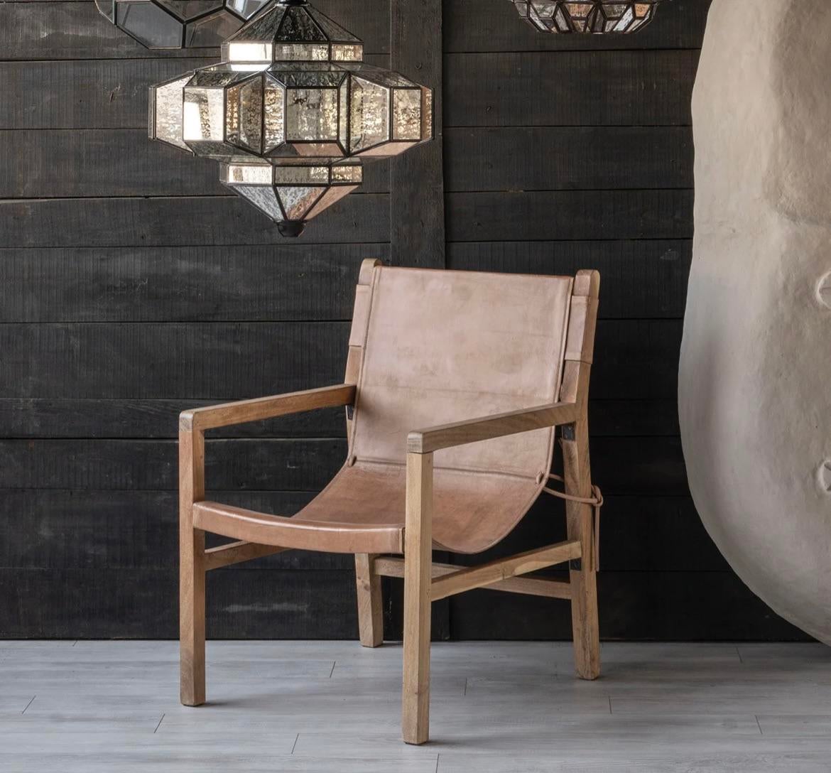 Leather and Wood Sling Chair, Matthew Izzo Home Collection