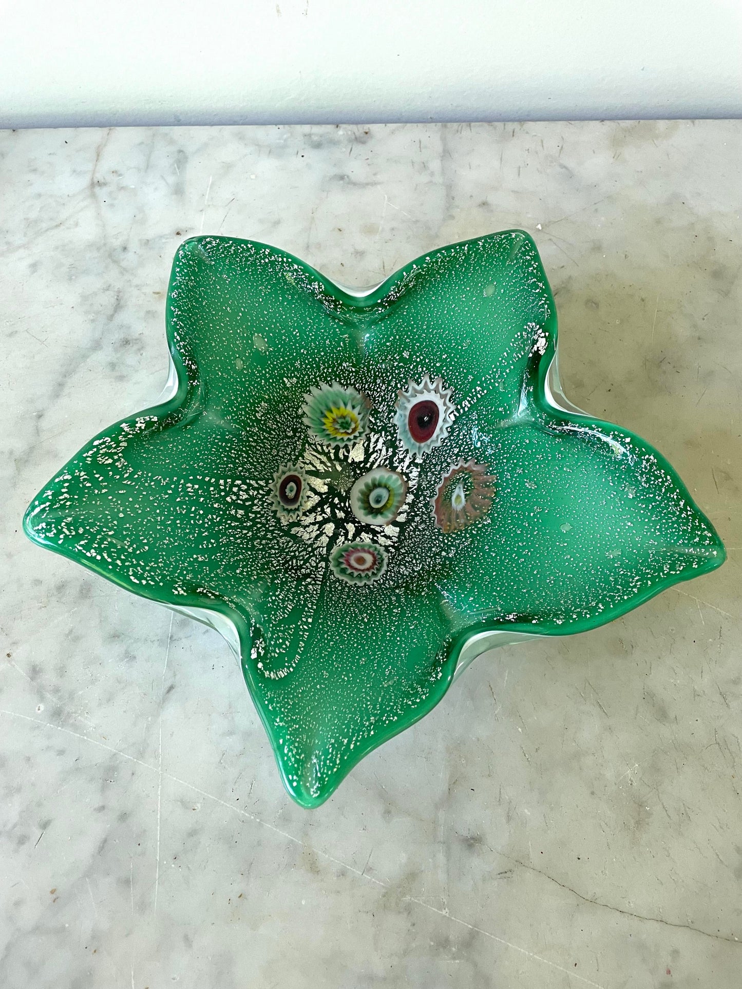 Vintage Fratelli Toso Mid Century Green and Silver Bowl