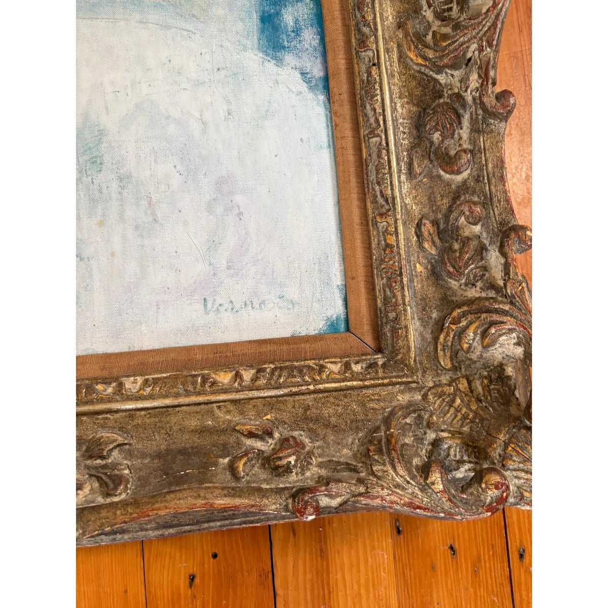 Antique French Impressionistic Painting on Canvas in Antique Wood Carved Frame
