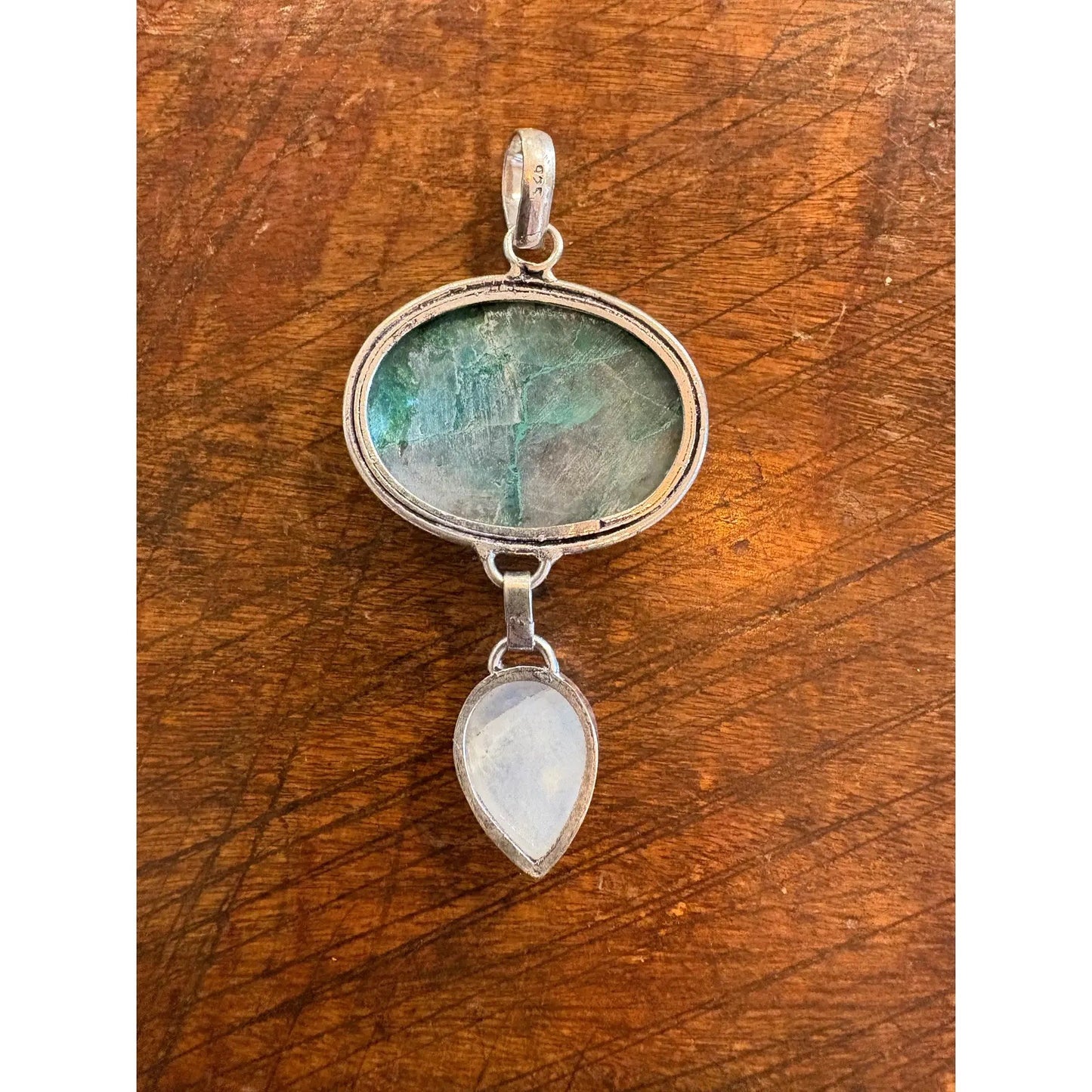 Vintage Sterling Silver Pendant Featuring an Emerald in Matrix Stone and a Moonstone