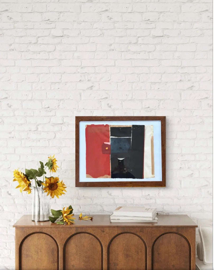 Barbara Beck Framed Abstract Collage on Paper in Brown Wood Frame