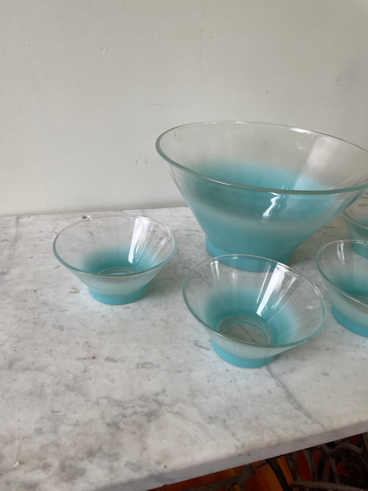 Mid Century Blendo Ombré Turquoise Glass Serving Bowl With 4 Small Side Bowls