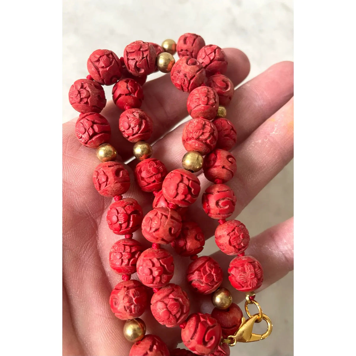 Vintage Cinnabar Chinese Necklace and Clip Earrings Set