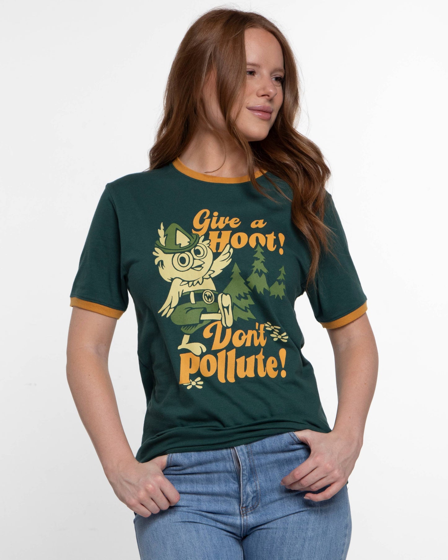 Proyecto Hito - Camiseta Retro Unisex de Manga Corta Woodsy Owl con Ribetes: Abeto/Vara de Oro, XL