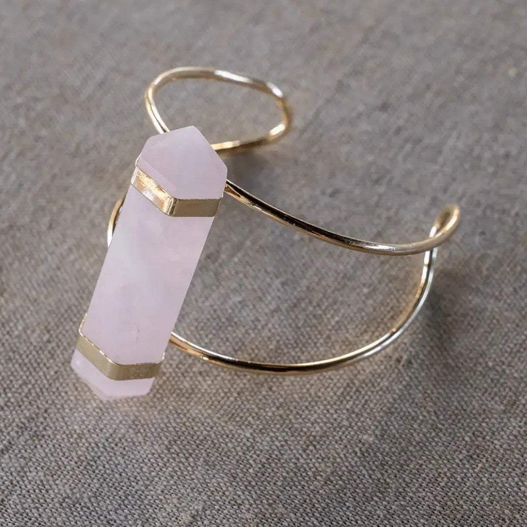 Rose Quartz and Gold Plated Wire Cuff Bracelet