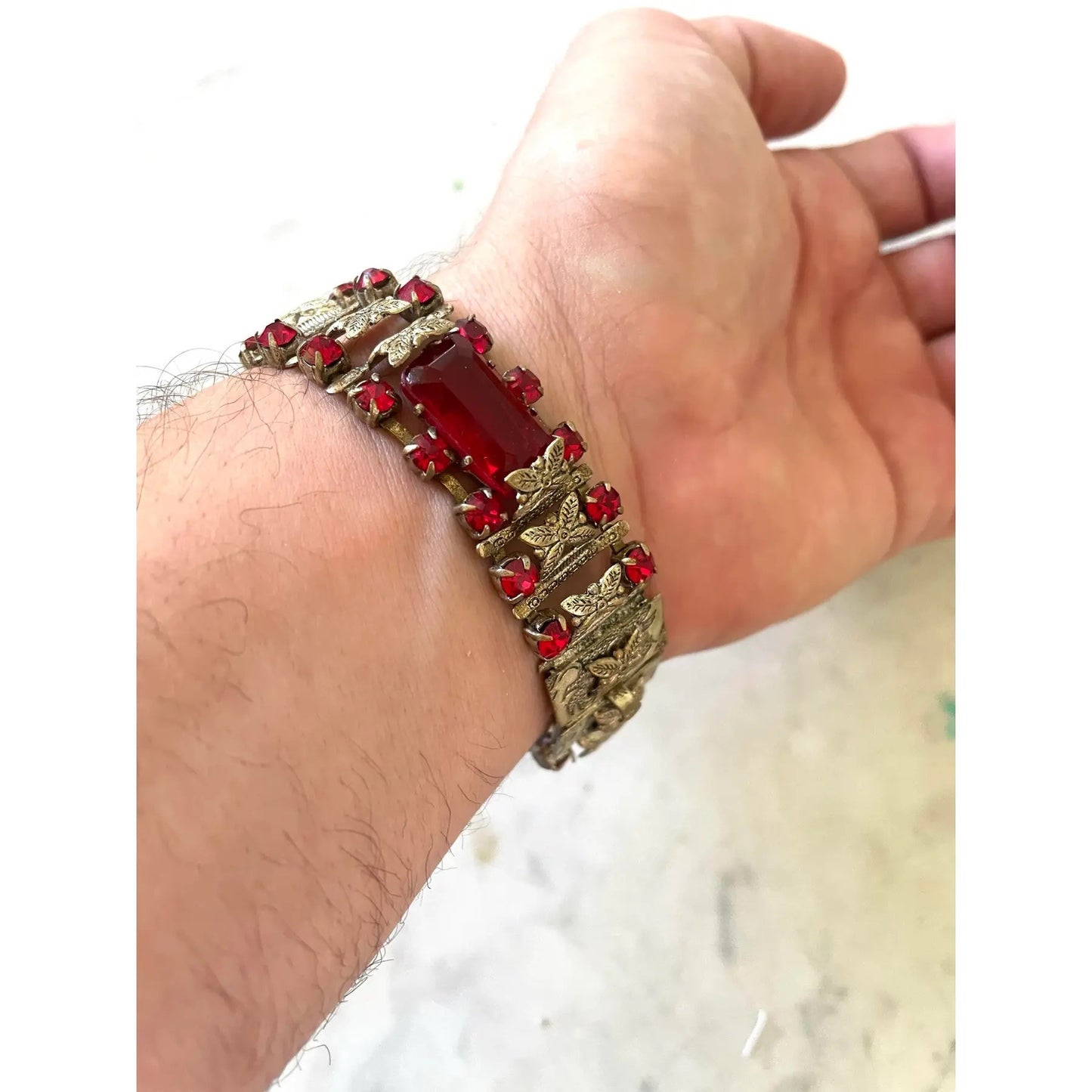 Vintage 1950s Czechoslovakia Ruby Rhinestones and Silver Metal Bracelet