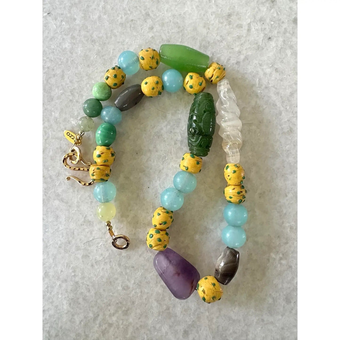 Carved Jade, Amethyst, Turquoise, Rare Ancient Venetian Glass Beaded Necklace, Designed by Matthew Izzo