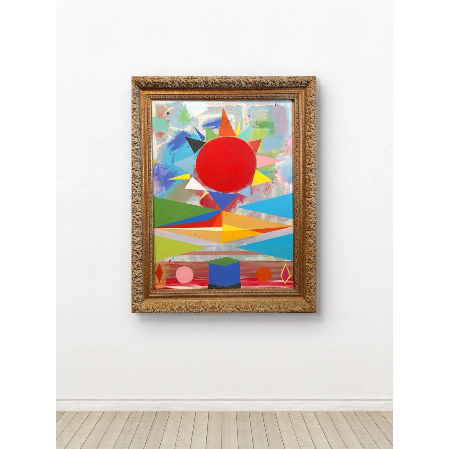 Vintage Acrylic Abstract Painting on Canvas in Ornate Frame