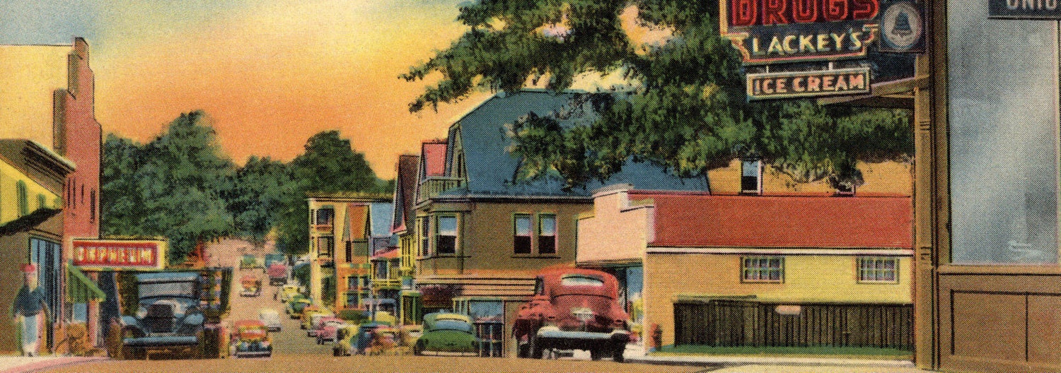 Vintage-style illustration of a small town street with various shops and vehicles.
