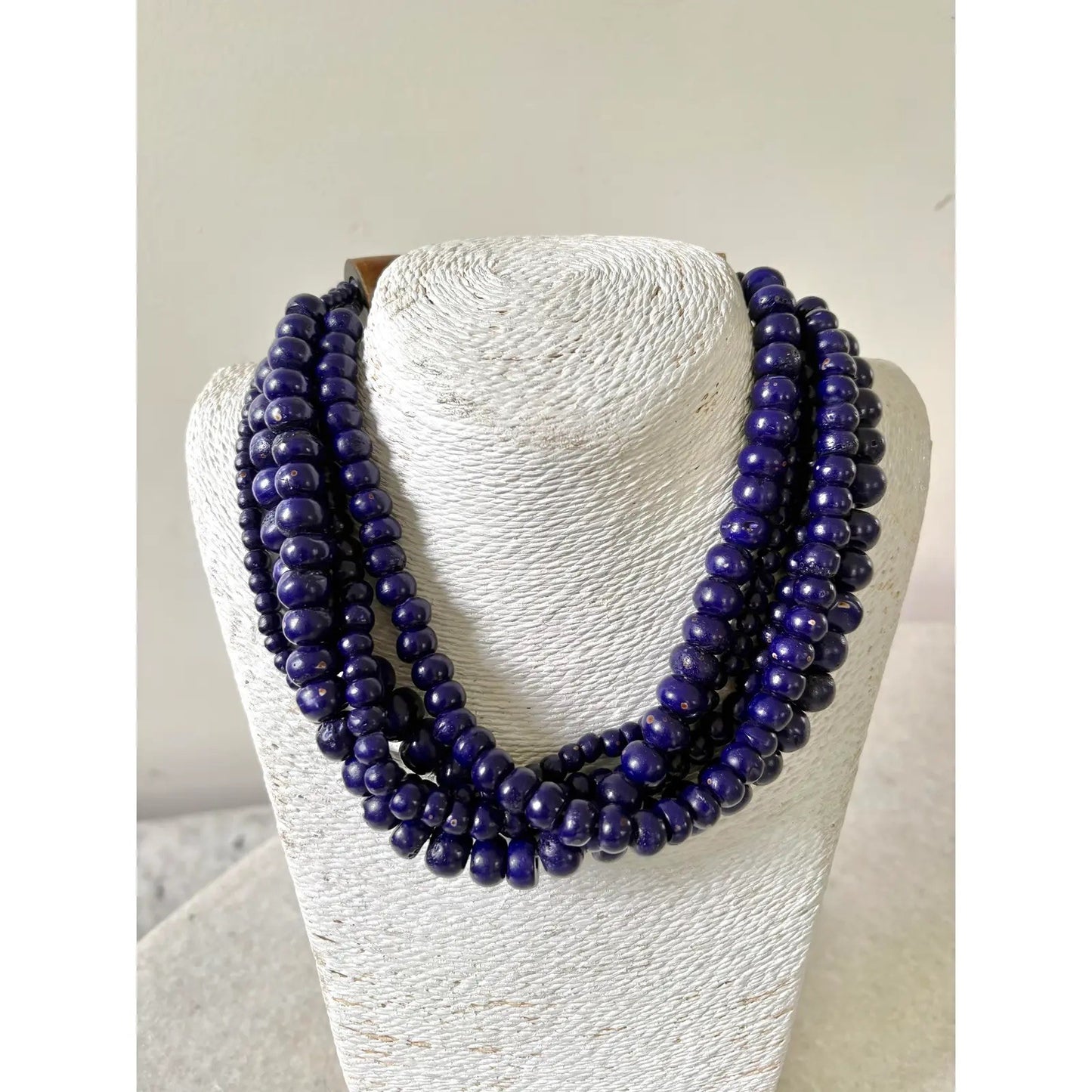 Finch, Cobalt, Blue Glass, Multi Strand, Beaded Necklace, Wood Carved Clasp
