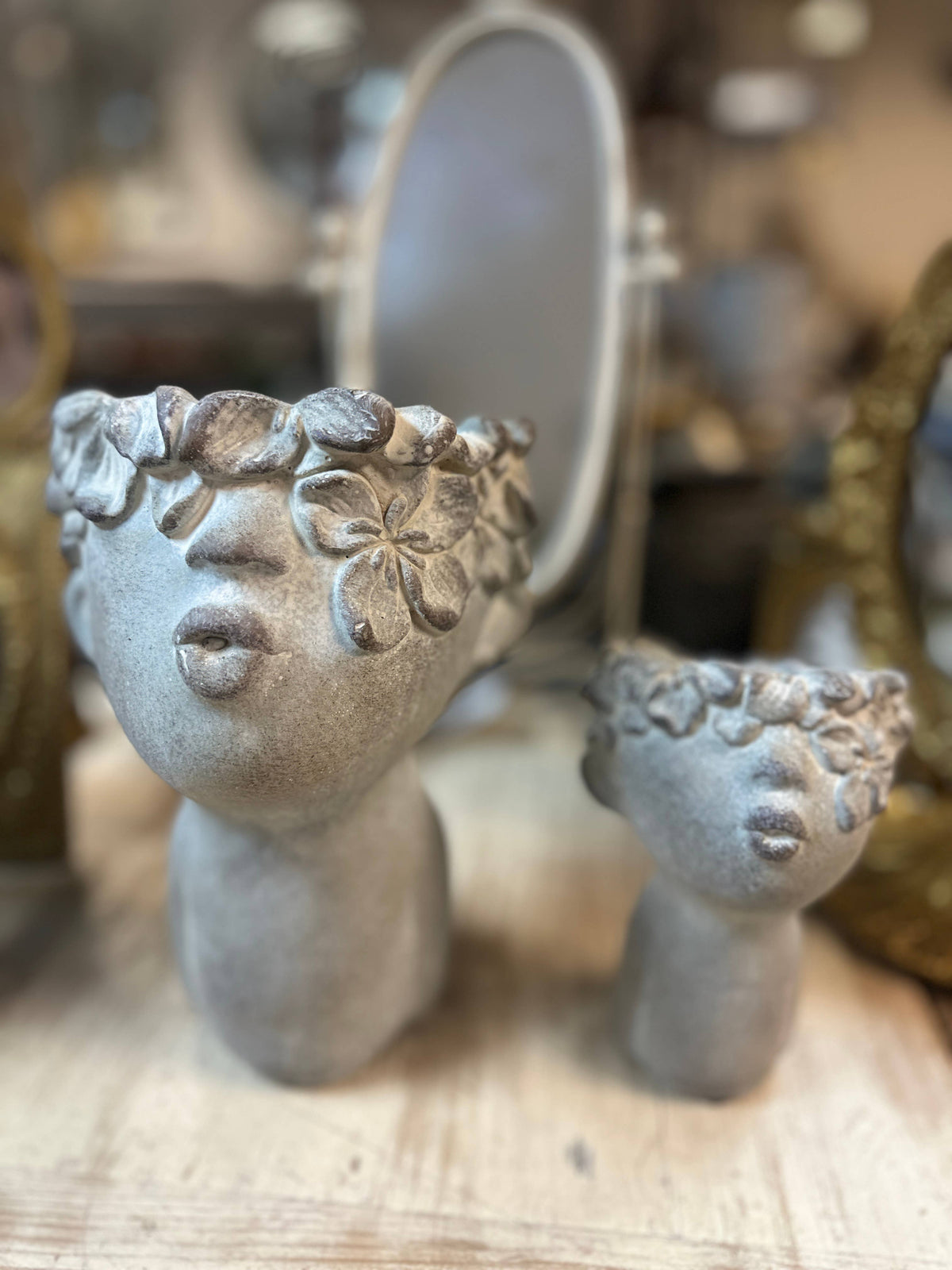 Vagabond Vintage - Concrete head kissing face succulent planter: LARGER, Large