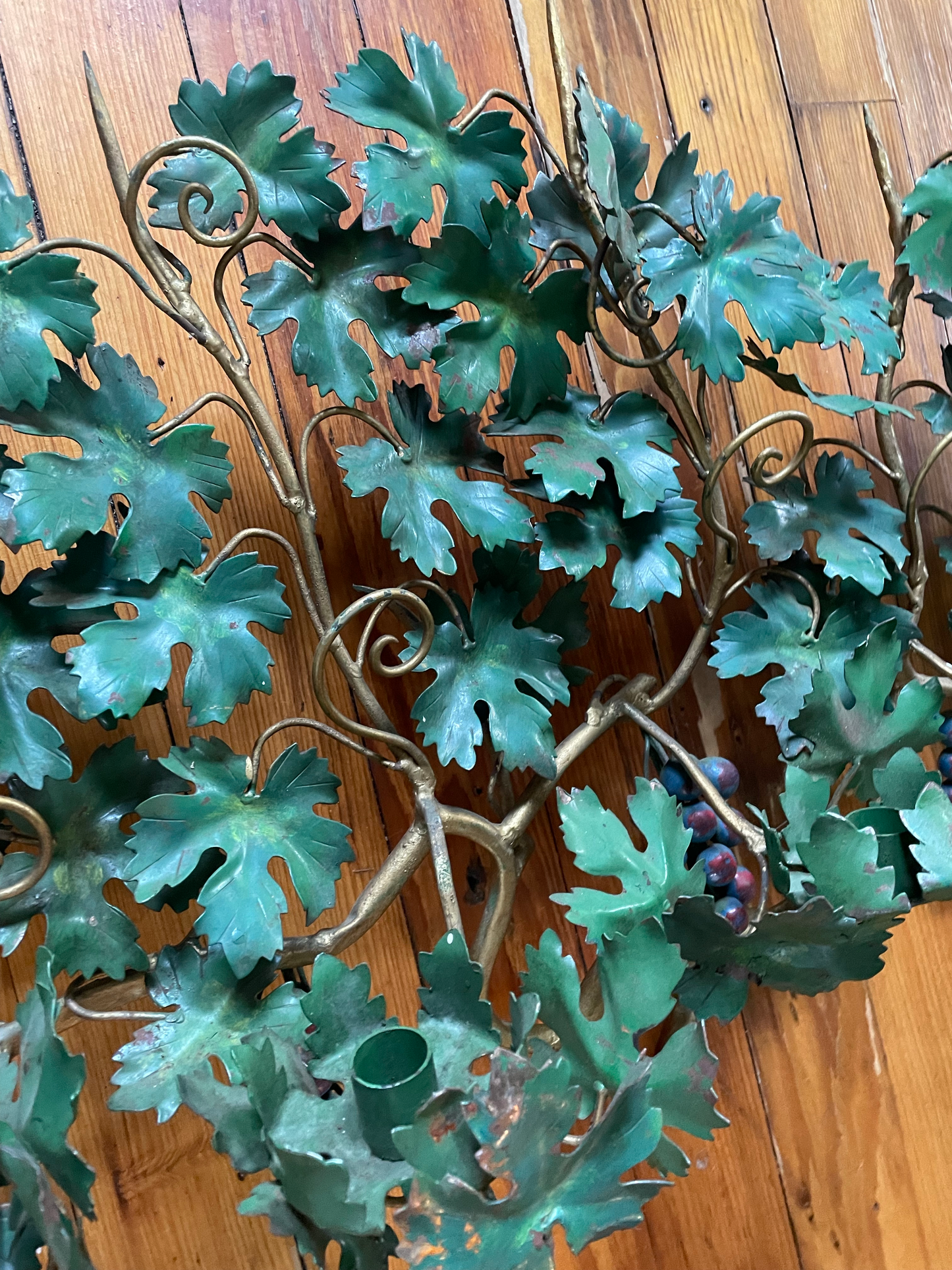 Italian Mid Century Painted Metal Tole Iron Leaf and Grapes Candle Scones