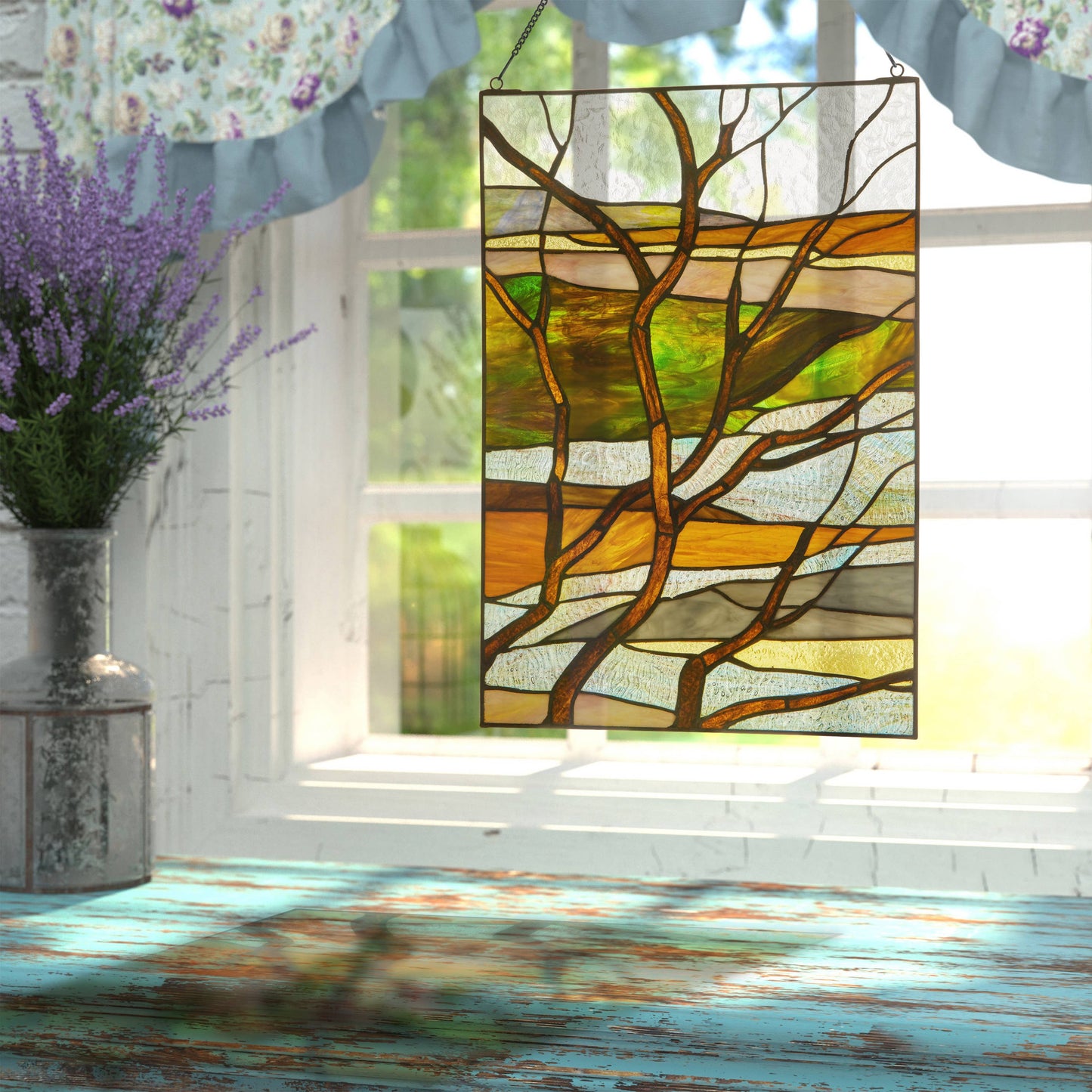 Stained Glass Fall Treescape Window Panel 20"H