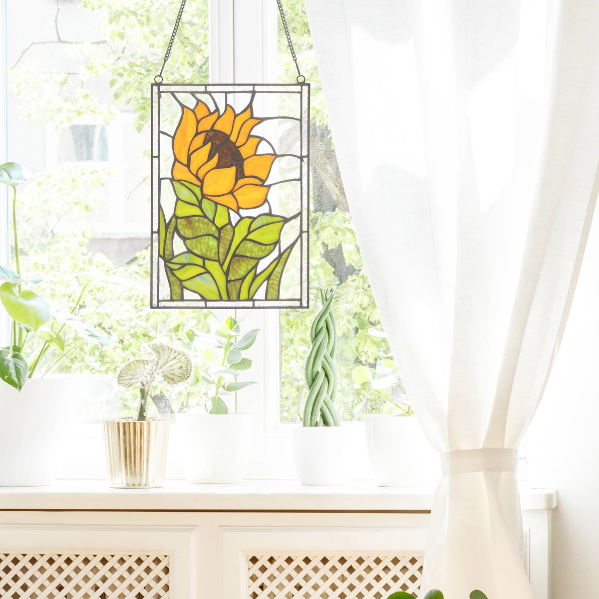 Stained Glass Multicolored Sunflower Window Panel 11.25”H