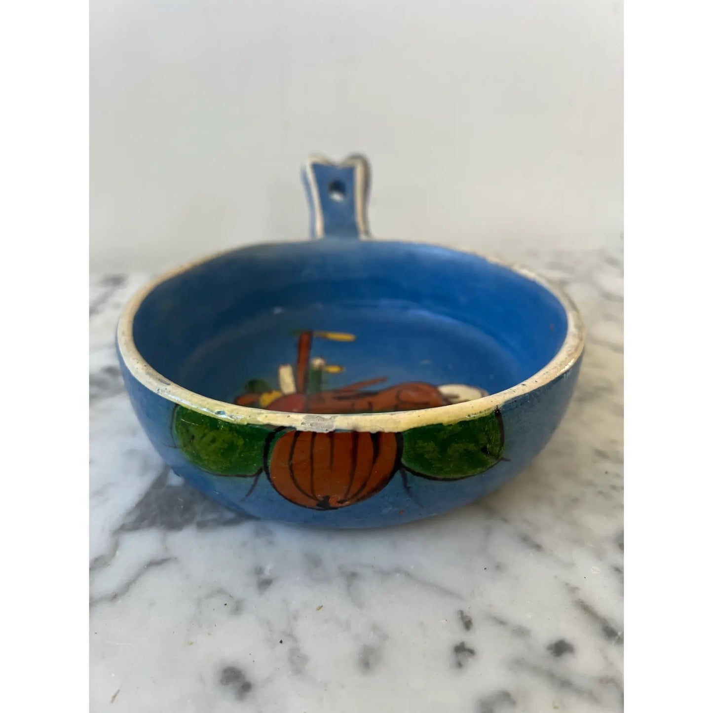 Animal Design Painted and Glazed Terra Cotta Blue Dish With Handle