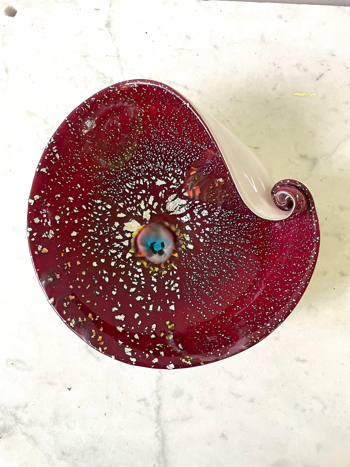 Frattelli Toso Murano Glass Red Bowl with Silver Inclusion
