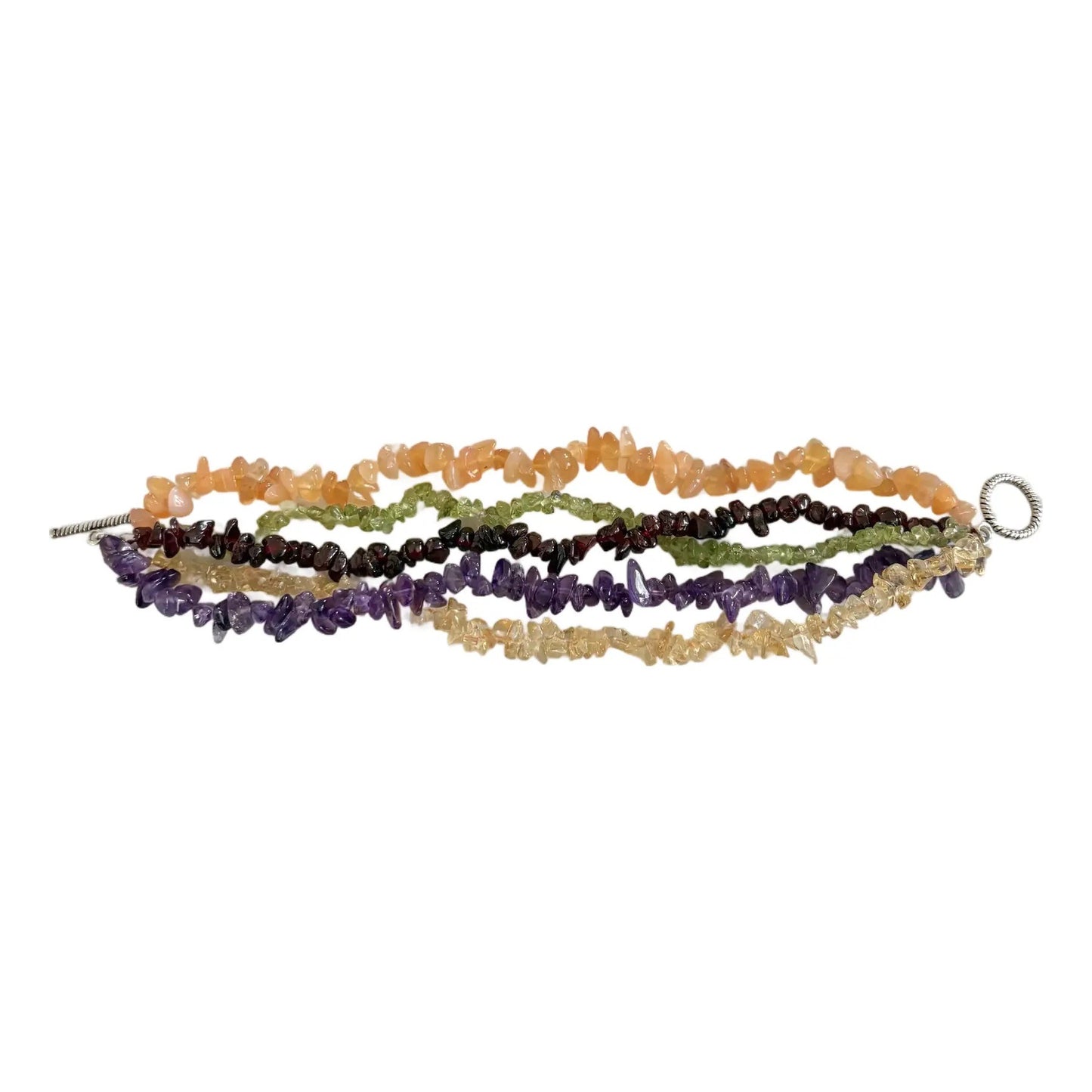 Vintage Multi Strand Beaded Bracelet With Amethyst, Carnelian Citrine Peridot, and Garnet - Sterling Silver Clasp