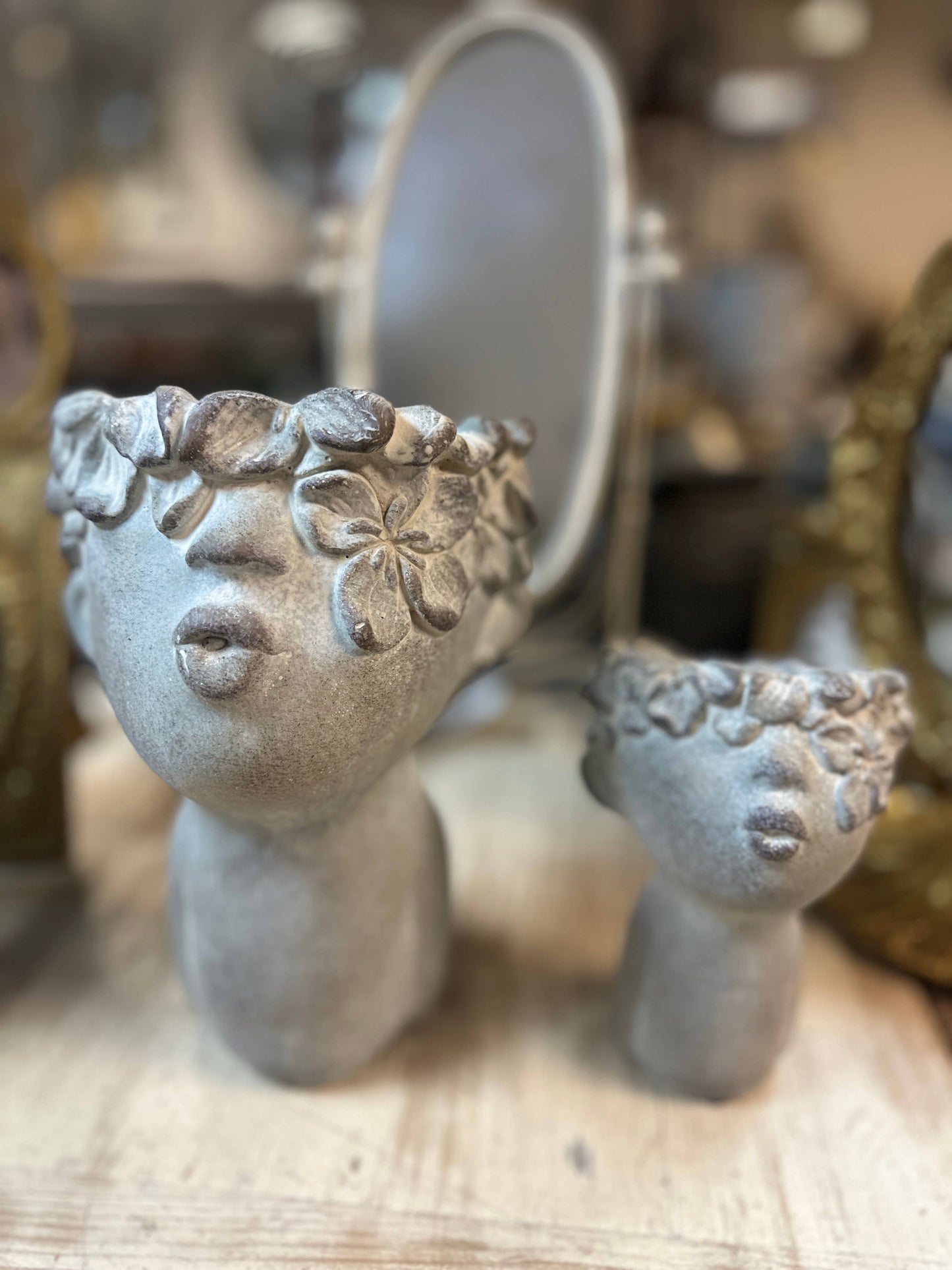 Vagabond Vintage - Concrete head kissing face succulent planter: LARGER, Large