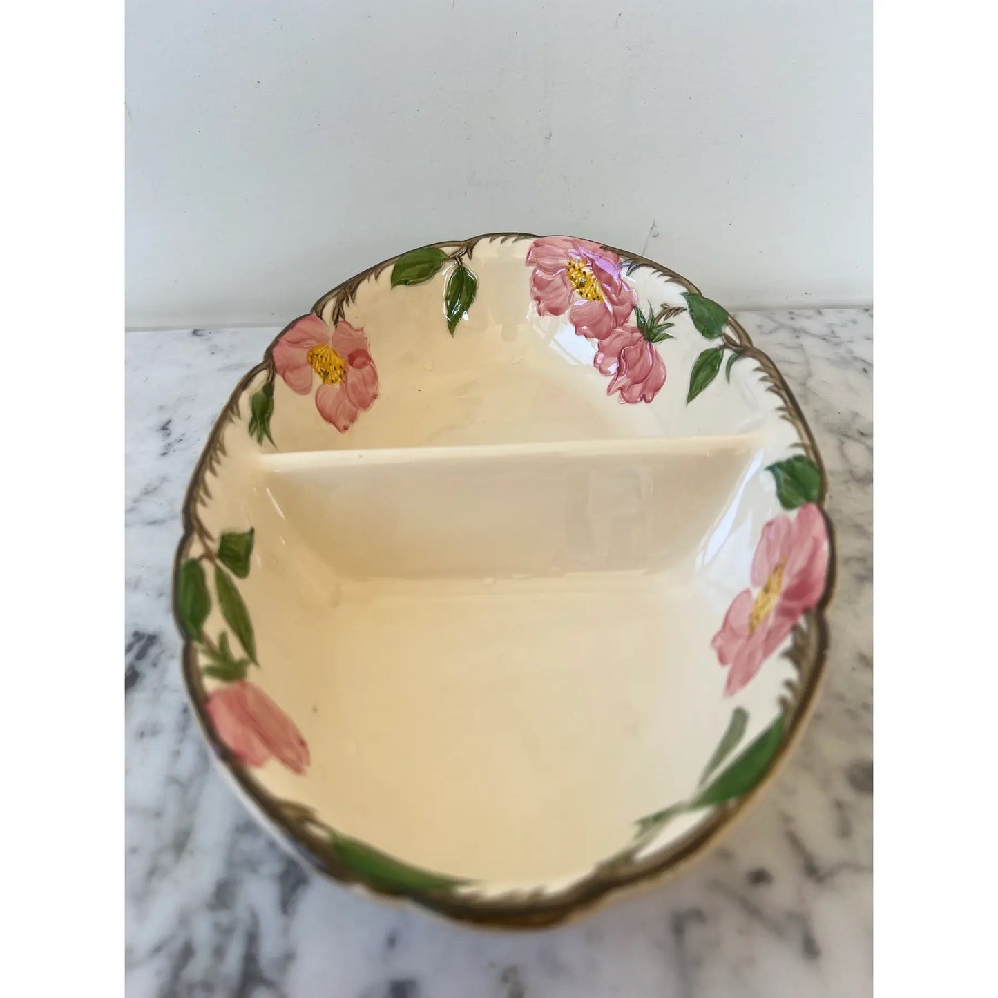Franciscan Earthenware Pink & Green Floral, Oval Sectioned Serving Bowl - Oven Safe and Stamped