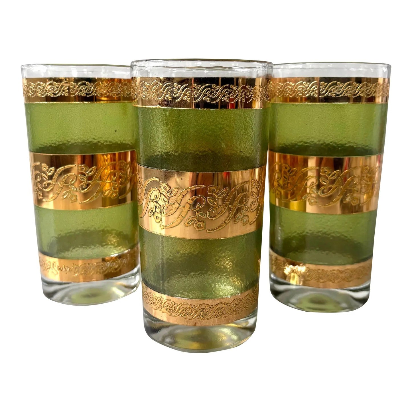 1950s Mid-Century Green and 22k Gold Highball Cocktail Glasses, Set of 4
