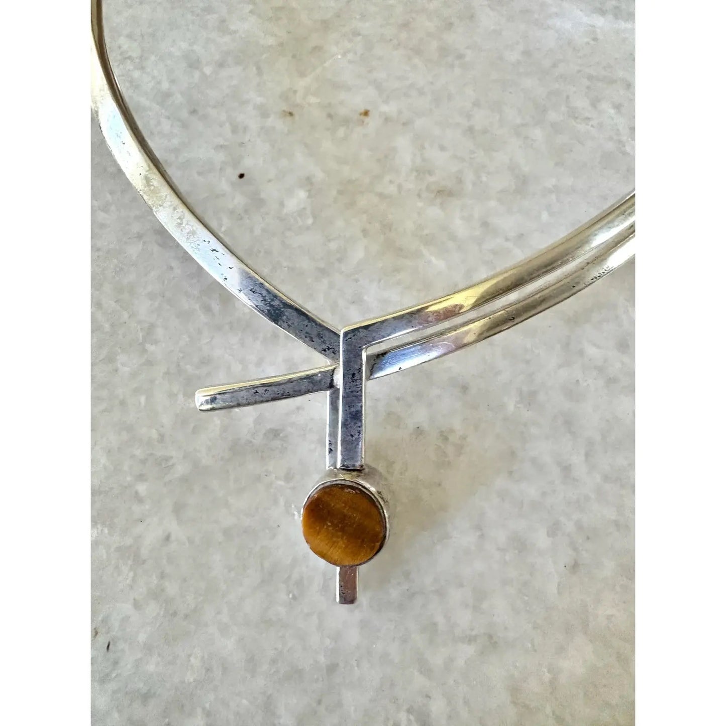 Vintage Mid-Century Antonio Pineda Sigi Taxco Sterling Silver, Tiger's Eye, and Onyx Sculputural Necklace With Artist Markings