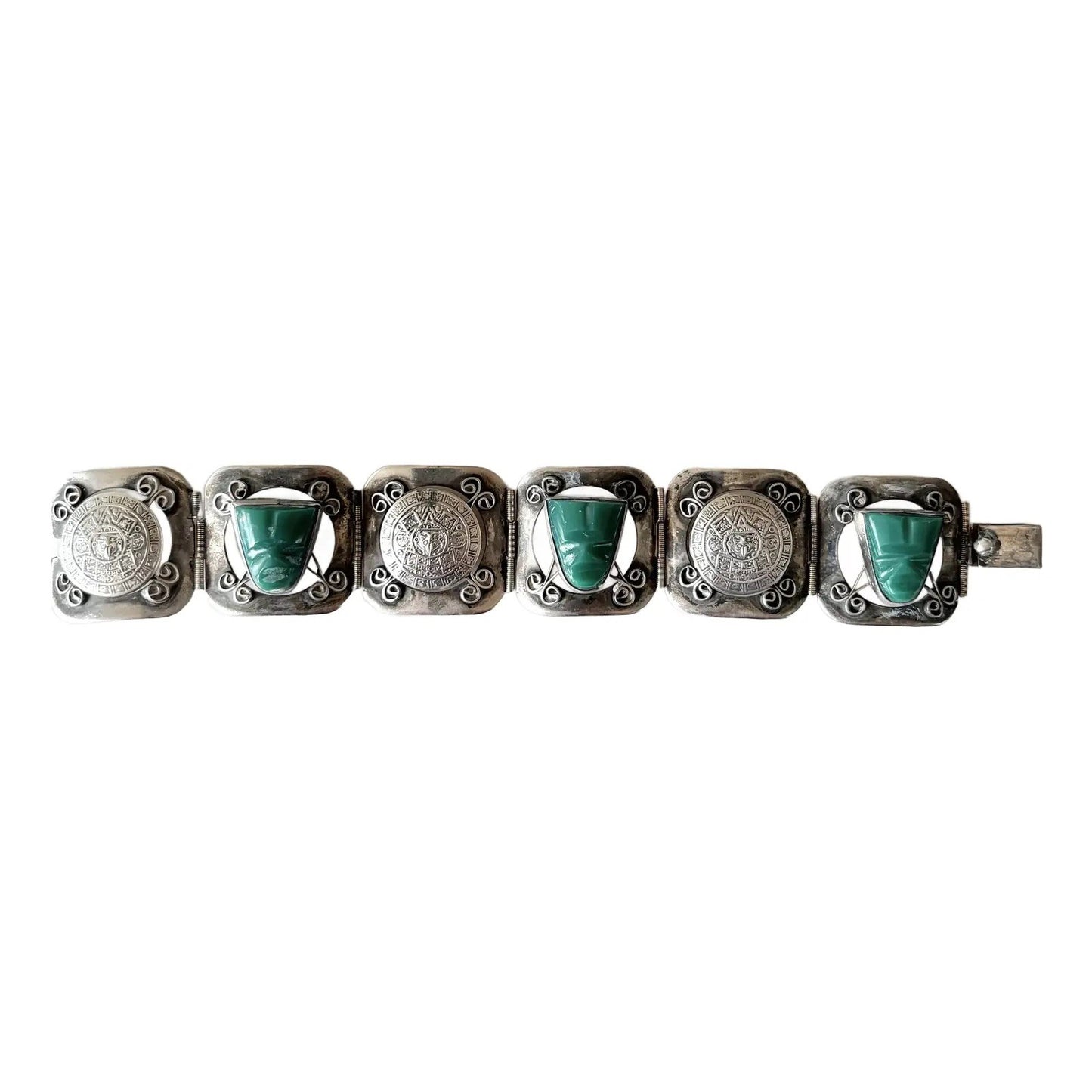 Vintage Aztec Carved Jade and Sterling Silver Wrap Bracelet - Stamped