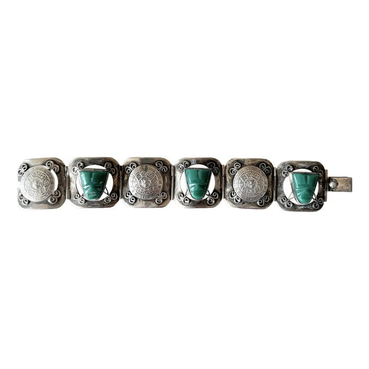 Vintage Aztec Carved Jade and Sterling Silver Wrap Bracelet - Stamped