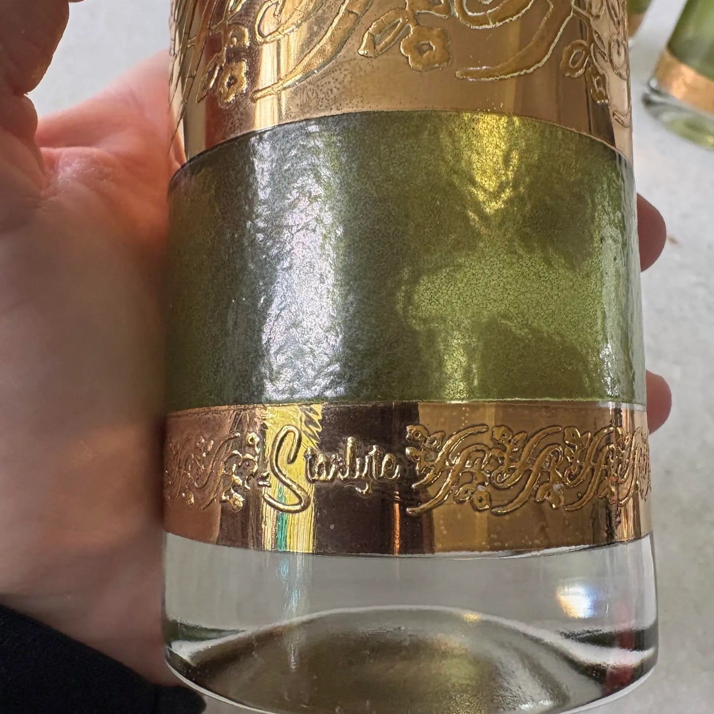 1950s Mid-Century Green and 22k Gold Highball Cocktail Glasses, Set of 4