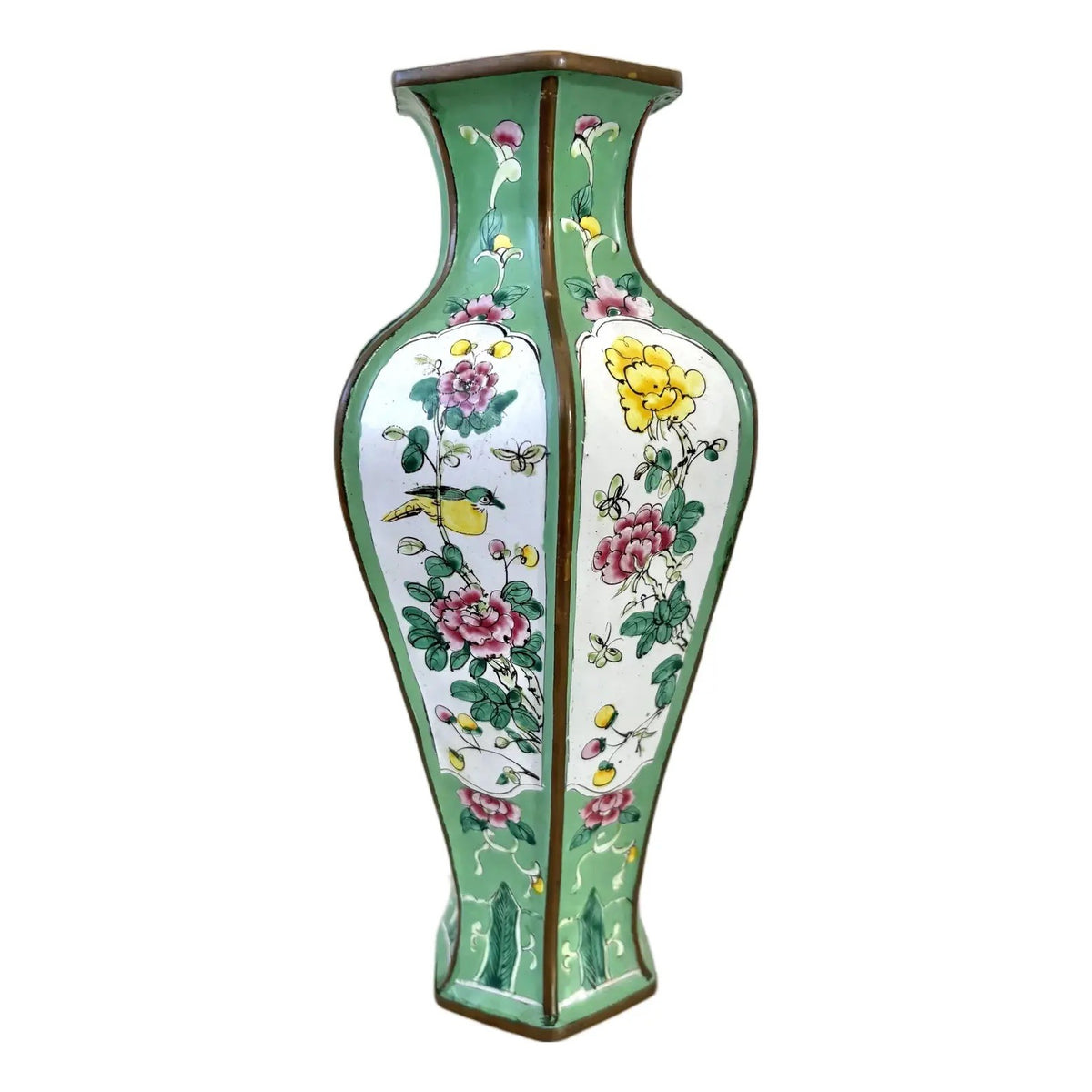 Chinese Canton Enamel Copper Hexagonal Vase With Bird and Floral Decorations