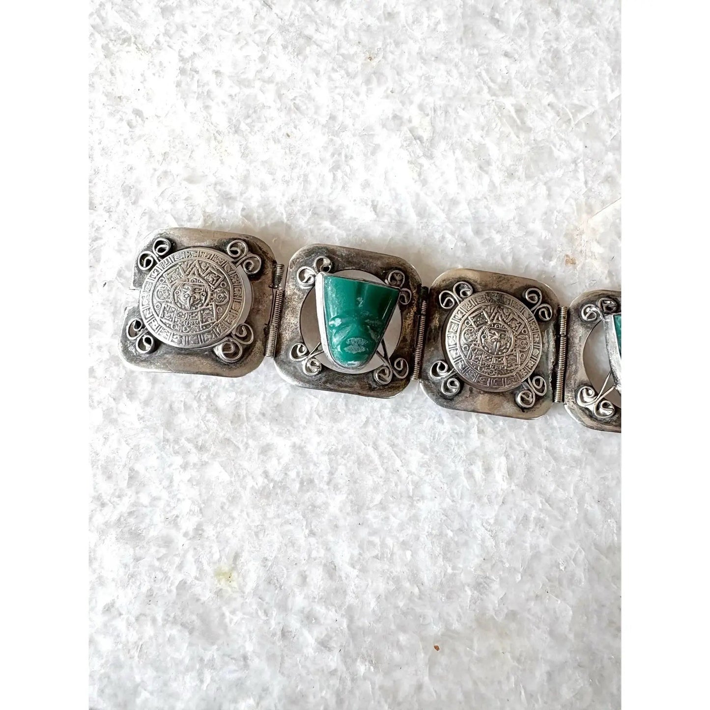 Vintage Aztec Carved Jade and Sterling Silver Wrap Bracelet - Stamped