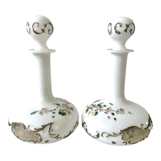 Pair of Victorian Milk Glass Decanters With Painted Flowers Design