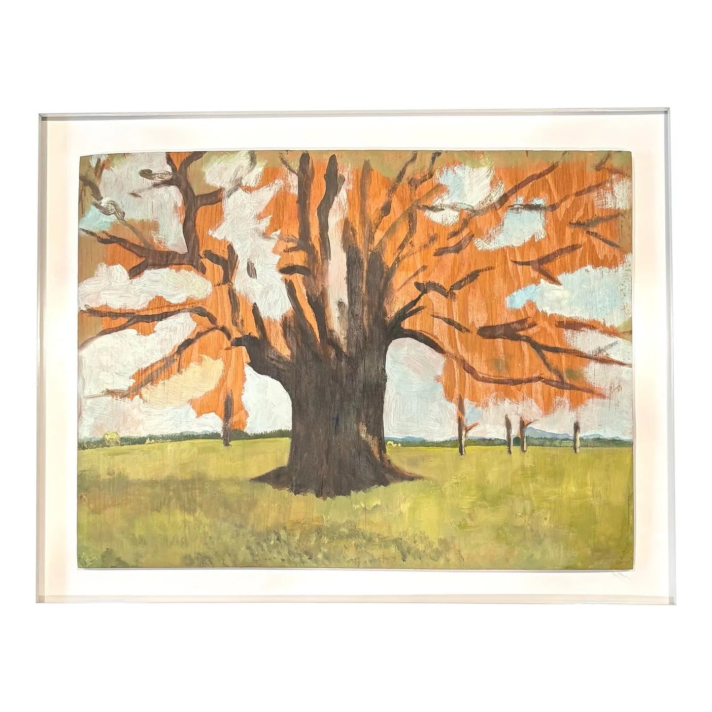 Vintage Landscape Painting on Wood Mounted in White Frame