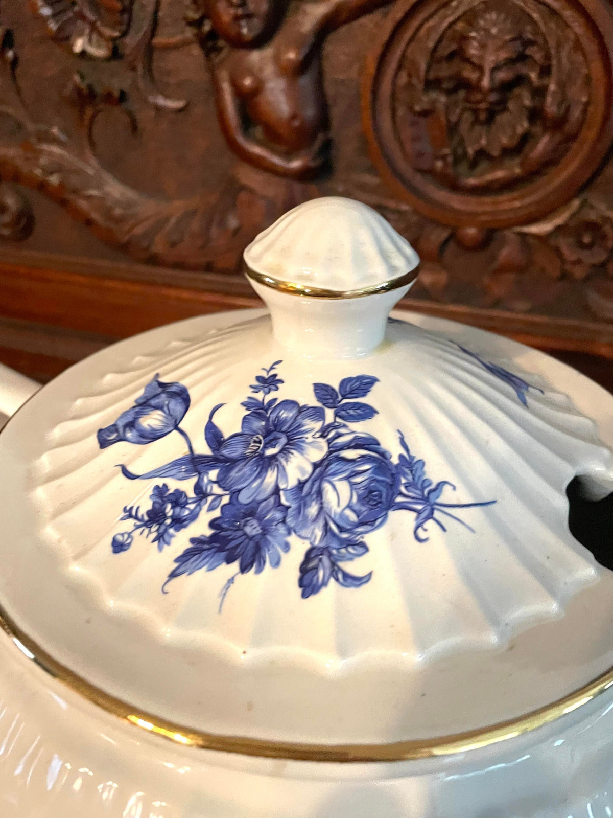 Blue and White Ceramic Soup Tureen With Lid and Dish