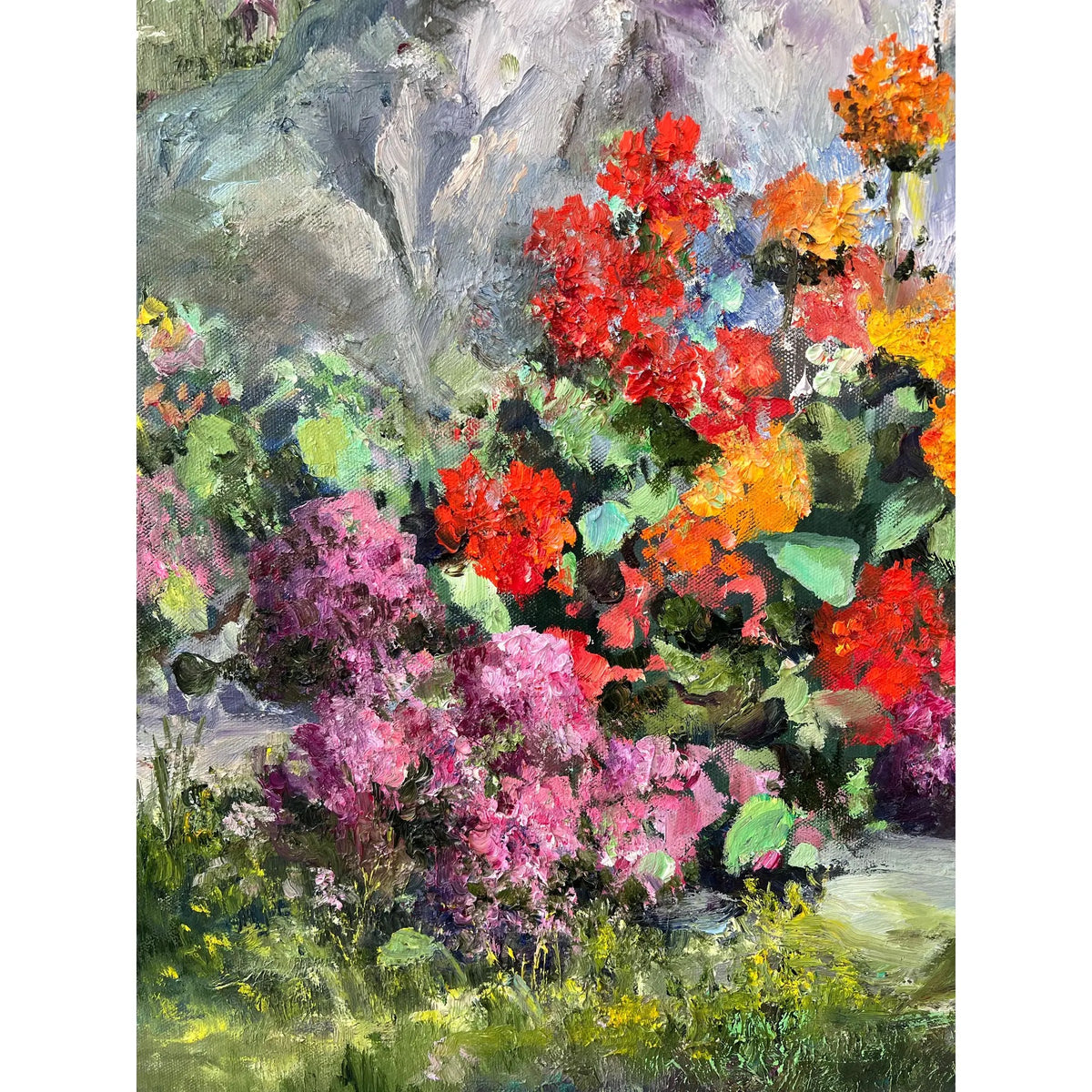 Floral Rock by Dorothy Fanizzi, 20th Century Oil Painting on Canvas, Framed