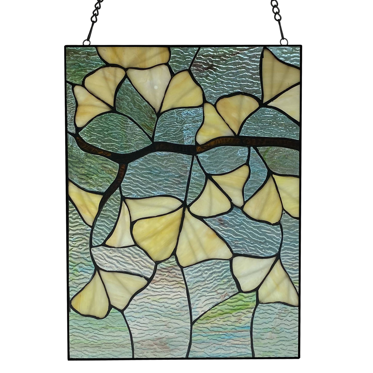 Stained Glass Robert Yellow Gingko Leaf Window Panel 17.5"H