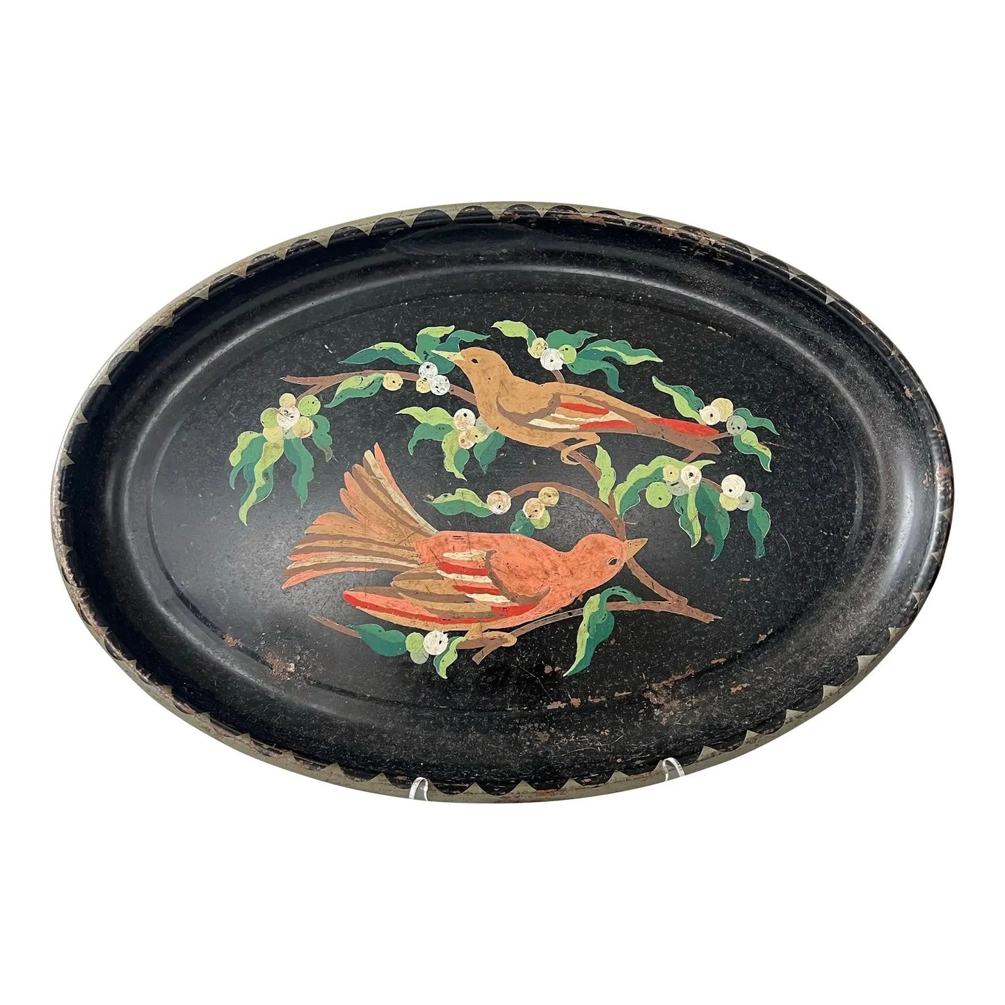 Vintage Hand-Painted Oval Metal Tray With Two Birds and Juniper Berries