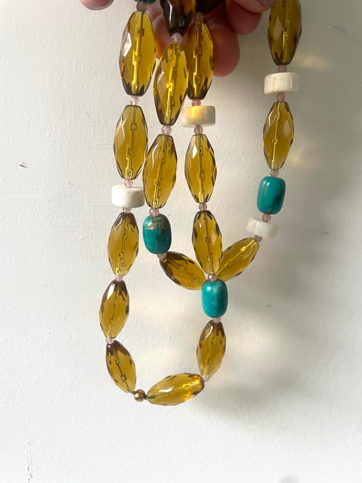 Turquoise, Amber Glass and White Coral Necklace Designed by Matthew Izzo