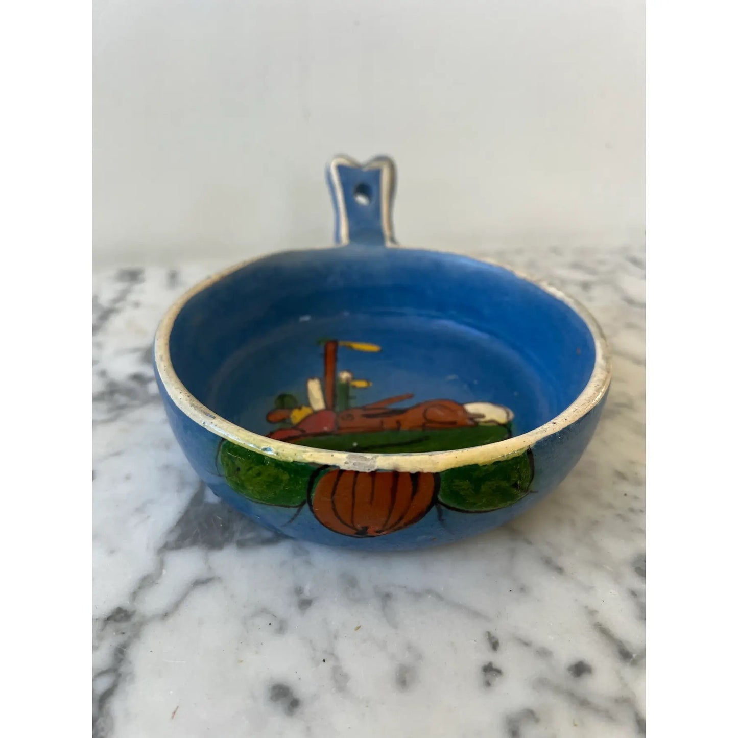 Animal Design Painted and Glazed Terra Cotta Blue Dish With Handle